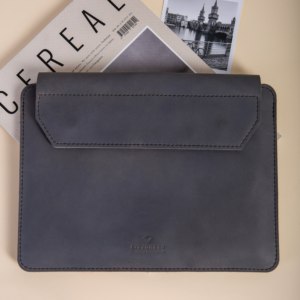 Leather iPad sleeve in Scandinavian grey with neat stitching detail