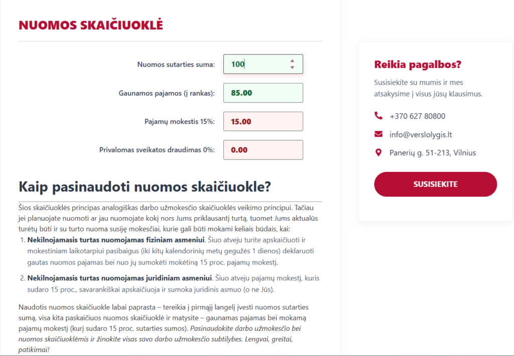 Verslo Lygis nuomos pajamų mokesčio skaičiuoklė