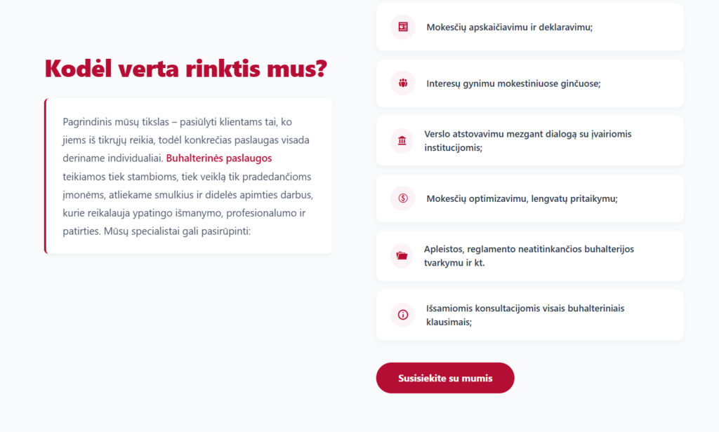 Verslo Lygis privalumų sekcija